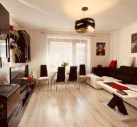 Living room with black cabinets, an aquarium, and a wood-patterned floor in a 3-room apartment.