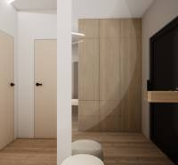 A hallway of a 3-room apartment with a wooden decor floor and minimalist design.