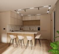 A kitchen in a 3-room apartment with a bar counter and a floor with a wood decor.