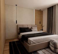 Bedroom in a 3-room apartment, bed, curtains, wooden decor flooring, view through the window.