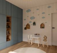 Children's room with decorations, furniture, and flooring with a wooden decor in a 3-room apartment.