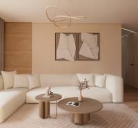 A bright living room with a sofa, tables, and a wooden decor floor in an apartment under construction.