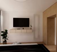 Bedroom in a 3-room apartment with wood-patterned flooring, a television, and a cabinet.