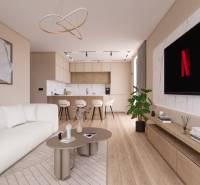 Interior design of a living room in an open space with a kitchen, wooden decor flooring.