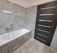 A bathroom in a family house with a bathtub, gray tiles, and dark doors.