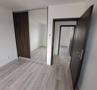Interior of a family house with a wooden decor floor, built-in wardrobe, and dark doors.