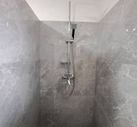 Gray tiles in the shower corner of a family house with a rain shower and a handheld shower.