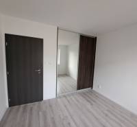 White room with dark doors, built-in wardrobe, and wood-decor flooring in a family house.