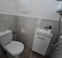 A bathroom in a family house with a toilet, a sink, and a floor with a wooden decor.