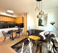 Living room in a two-room apartment with a wood-patterned floor and modern furniture.