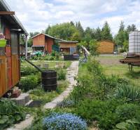 Gardens on Brežný Row in Poprad with cottages, a path, and flowers.