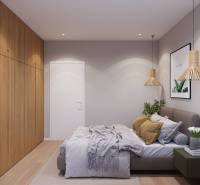 A bedroom in a studio apartment with a bed and a built-in wardrobe, wooden decor flooring.