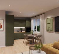 Living room in a studio apartment with a wood-patterned floor and a green kitchen.