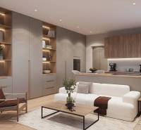 A modern living room in a studio apartment with wood-patterned flooring and minimalist furniture.
