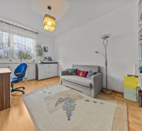 A study in a 4-room apartment with a sofa, carpet, blue chair, and a wooden-patterned floor.