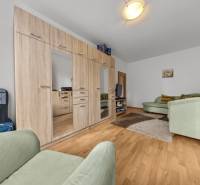 Living room with cabinets, green sofas, and wood-patterned flooring in a 4-room apartment.