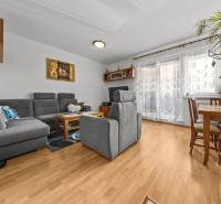 Living room of a 4-room apartment with a gray sofa and a floor with a wooden decor.