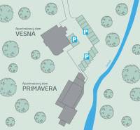 Map with the location of Vesna and Primavera apartments by the stream, with parking.
