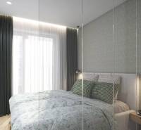 A bedroom with a bed, textured wall, and curtains in a studio apartment.