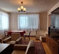 Living room with carpets, curtains, a sofa, and a wooden decor floor in a family house.