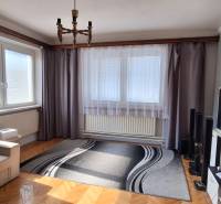 Living room with wood-patterned flooring, a sofa, and gray curtains in a family house.