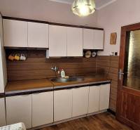A kitchen with wooden decor and a countertop in a family house, equipped with appliances.