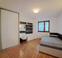 Bedroom in a two-room apartment with a wood-patterned floor and a desk.
