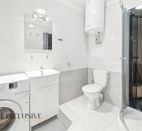 The bathroom in the 3-room apartment includes a washing machine, a shower corner, and white sanitary ware.