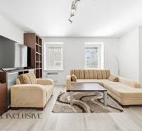 Living room in a three-room apartment with a sofa and a wooden decor floor.