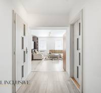 Bright hallway in a 3-room apartment with wood-patterned flooring and a sofa in the living room.