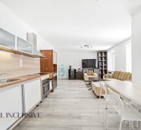 Spacious living area with kitchen in a 3-room apartment, floor with wood decor.