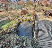 The garden of a family house in Suchá nad Parnou, Nové Vinohrady with a small pond and a bench.