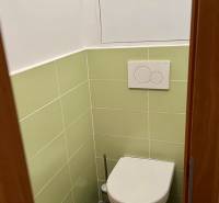 A toilet in a 2-room apartment with white and light green tiles.