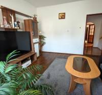 Living room in a family house with decorations, television, and wooden decor flooring.