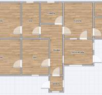 Floor plan of a family house with four rooms and a wooden decor floor.