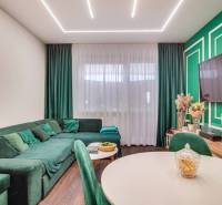 Living room in a two-room apartment with a sofa and decorative green elements.