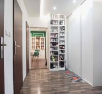 A hallway of a 2-room apartment with integrated storage space and a wooden decor floor.