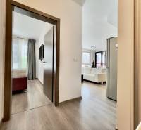 The hallway leads to the living room with a wooden decor floor in a 3-room apartment.