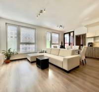 A bright living room with wood-patterned flooring and comfortable seating in a three-room apartment.