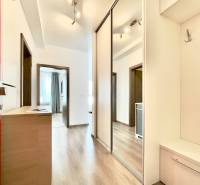 Entrance hallway in a 3-room apartment with a wooden decor floor and a mirrored wardrobe.