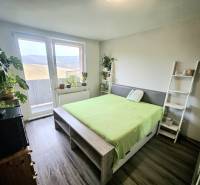 A bright bedroom with a bed, plants, and a wooden decor floor in a 3-room apartment.