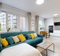 Living room with kitchen in a studio apartment, wooden decor flooring, large windows.