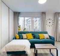 Living room with a blue sofa and a wooden decor floor in a studio apartment.