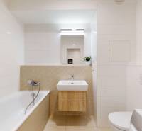 A bathroom in a studio apartment with a bathtub, sink, and washing machine.