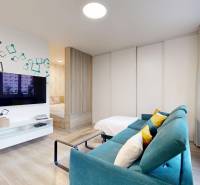 Living room in a studio apartment with a blue sofa and a decorative wall with a television.