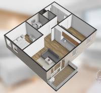 A view of the floor plan of a 3-room apartment with a wooden decor floor and a balcony.