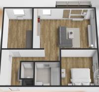 Floor plan of a 3-room apartment with wood-patterned flooring and furnishings.