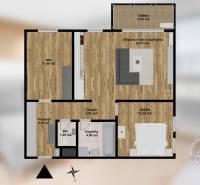 Floor plan of a 3-room apartment with wood-patterned flooring and a balcony.