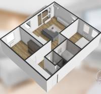 Visualization of a 3-room apartment with wood-patterned flooring, a sofa, and a bed.