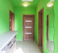 Green interior in a family house with wooden decor on the doors and a mirror on the wall.